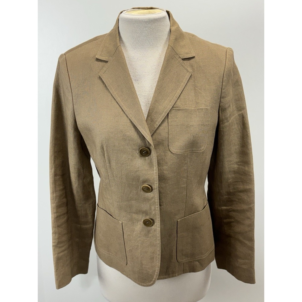 Vtg Talbots 100% Linen Blazer Jacket Women's 8p Petites Brown Preppy Classic 90s